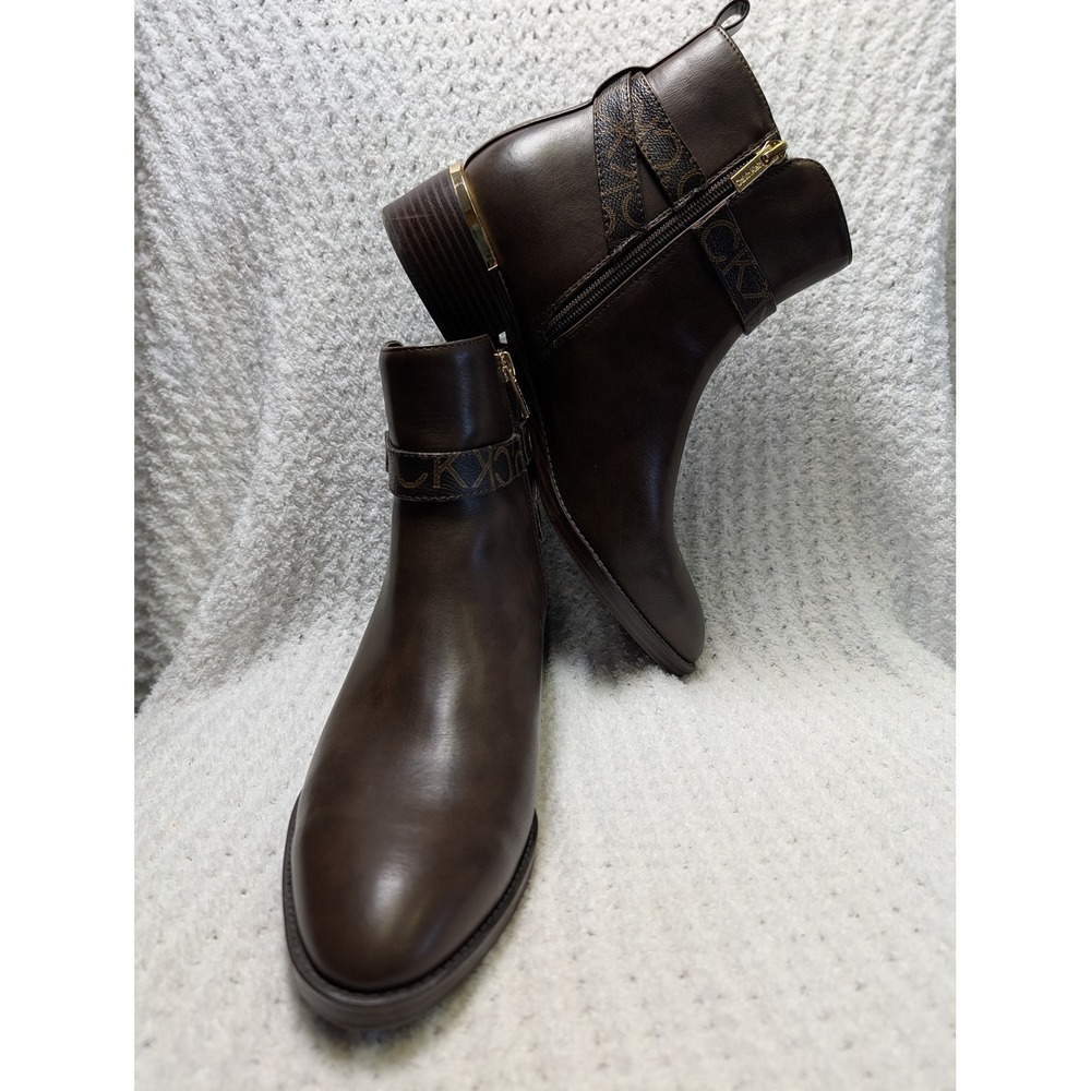Calvin Klein Brown KCDHARA-R Monogram Strap Ankle Boots Gold Logo Buckle 10M